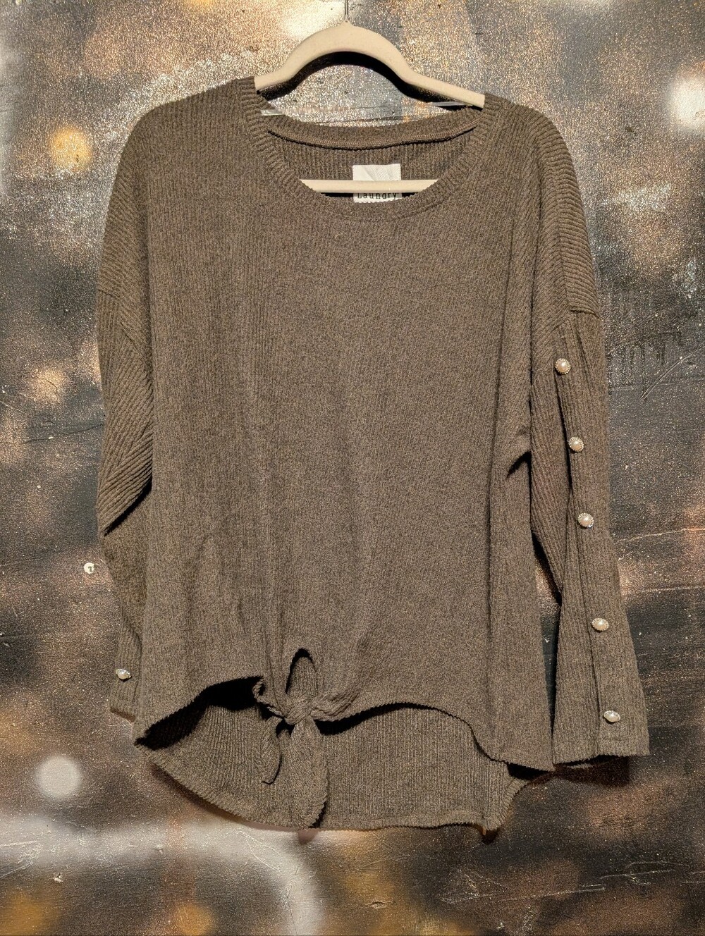 New York Laundry Olive Tie-Hem Knit Sweater with Pearl Sleeve Buttons